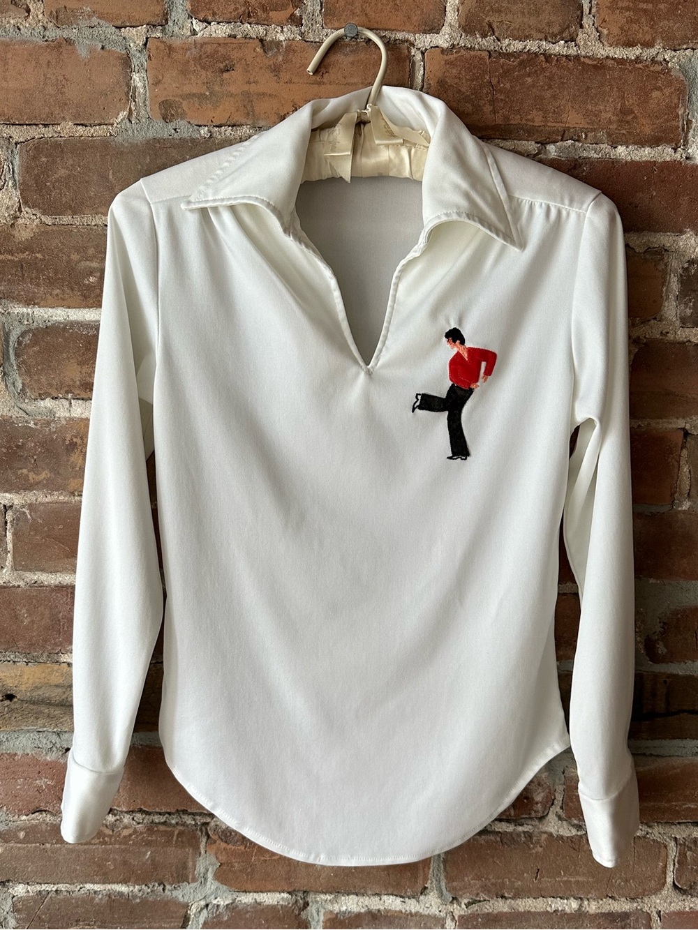 1970s Kids/Youth Disco Dancer Vintage White Poly Jersey Collared Top